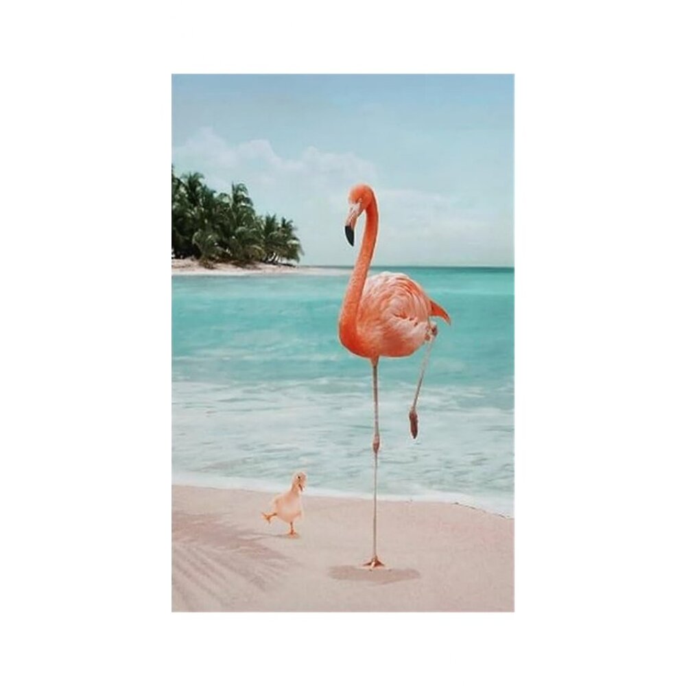 Flamingo on Beach with Duckling Unframed Canvas Wall Art  24" X 36"